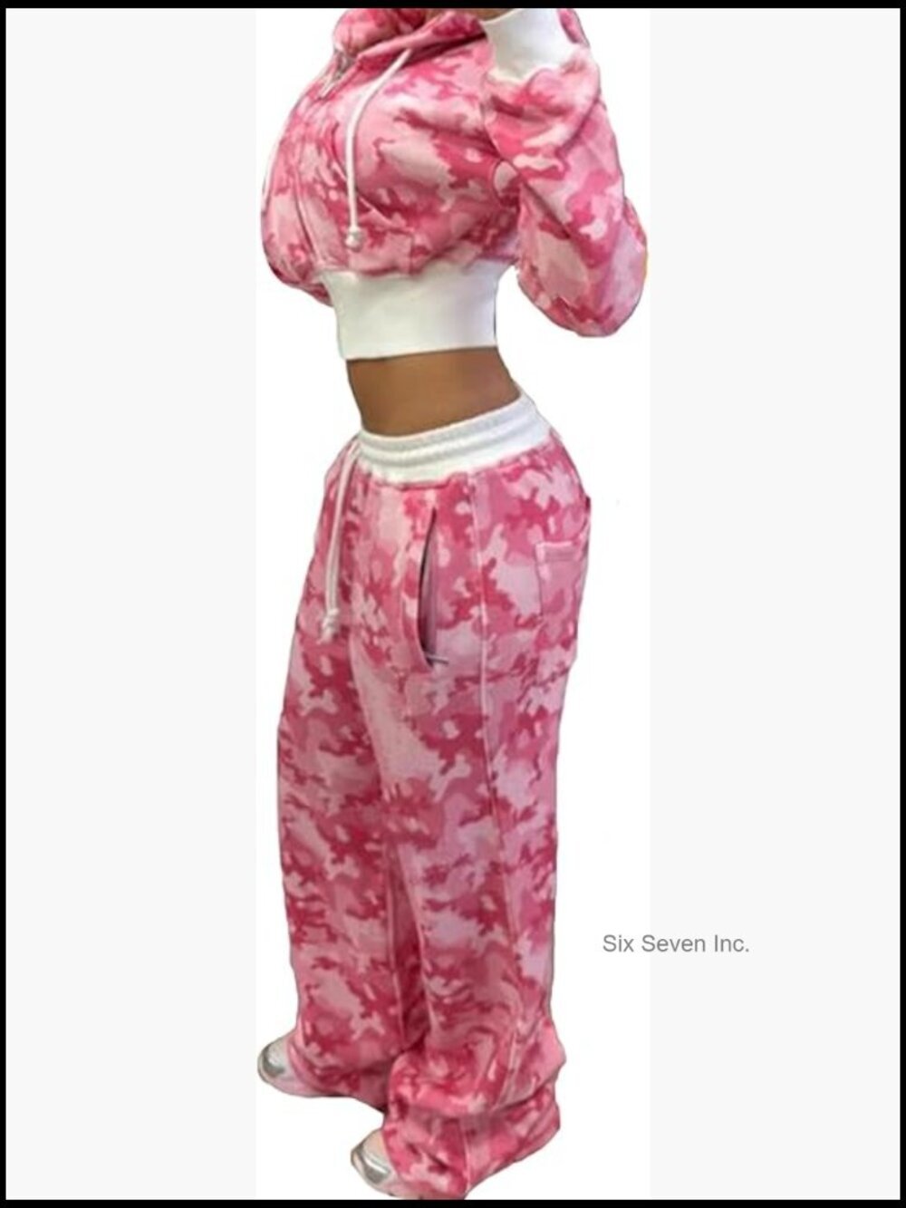 2 Piece Camo Sweatsuit Set Crop Zip Up Hoodie Wide Leg Sweatpants Track Suit